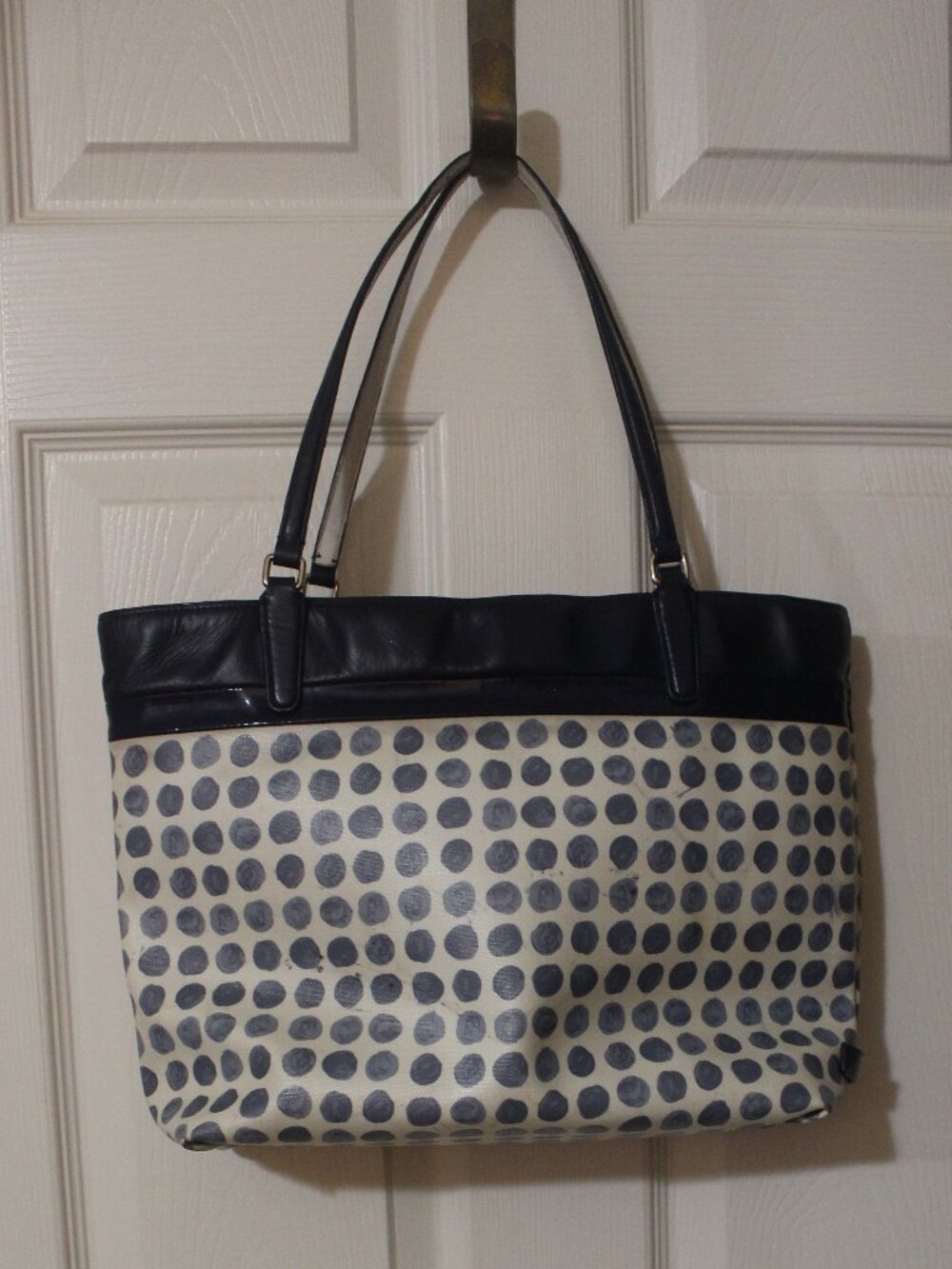 Coach Cream and Navy Polka Dot Shoulder Tote with Black Trim